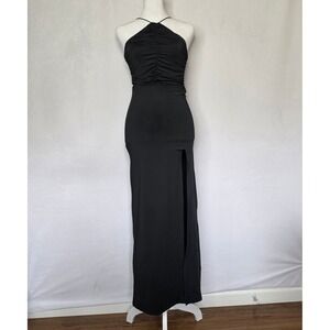 Olia black halter neck ruched maxi dress with high slit dark academia mob wife